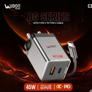 UBON Black 45W Dual Port Charger with Type-C to Type-C Cable